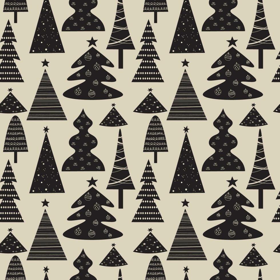 skandinavisch nahtlos Muster mit anders dekorativ Weihnachten Bäume im Wald Hygge Motiv. Winter wiederholen Hintergrund nordisch Ornament mit dekoriert Tanne Bäume zum Glückwunsch, Verpackung Design, Karte vektor