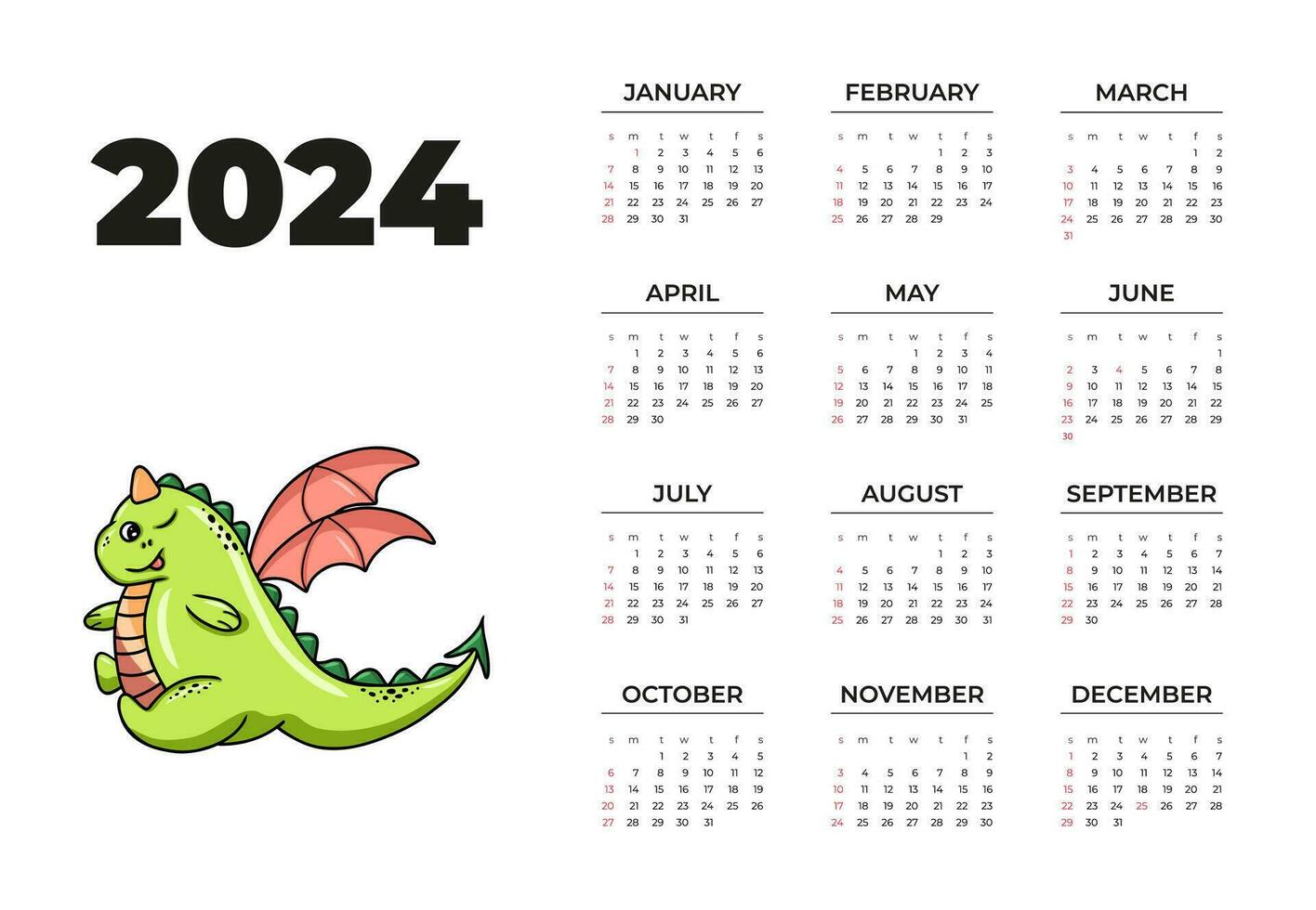 söt drake kalender för 2024, de symbol av de år. horisontell formatera, vektor, på vit bakgrund vektor