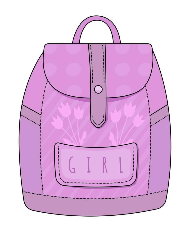 rosa söt flicka ryggsäck, vektor svartvit illustration med svart stroke