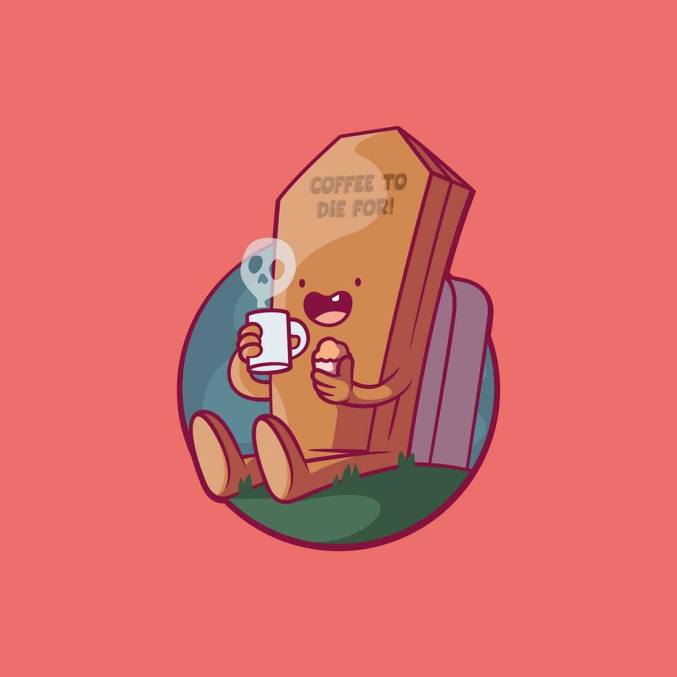 Kista karaktär dricka kaffe i en kyrkogård vektor illustration. kaffe, motivering, rolig design begrepp.
