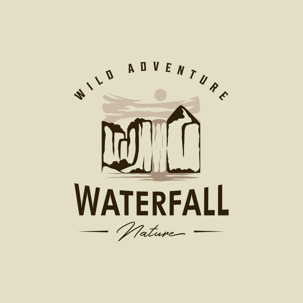 Wasserfall Logo Vektor Jahrgang Illustration Vorlage Symbol Grafik Design. erkunden das Natur Zeichen oder Symbol zum Reise oder Design drucken zum Hemd mit retro Typografie Stil Konzept