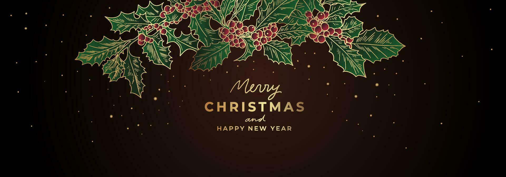 lyx gyllene jul baner mall med järnek träd grenar. gyllene fint ny år bakgrund med jul krans och glitter vektor