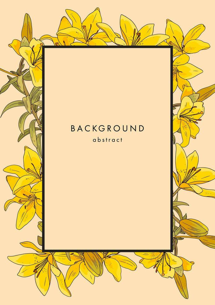 blommig mall med gul liljor på beige bakgrund. vertikal affisch med årgång lilja blomma vektor