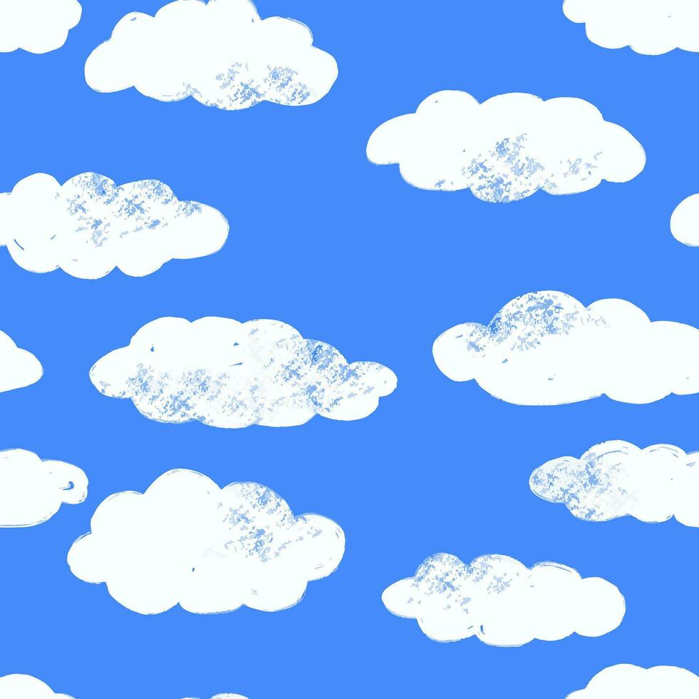 Hand gezeichnet nahtlos Muster mit wolkig Himmel. Wolken mit schäbig bewirken auf Blau Hintergrund vektor