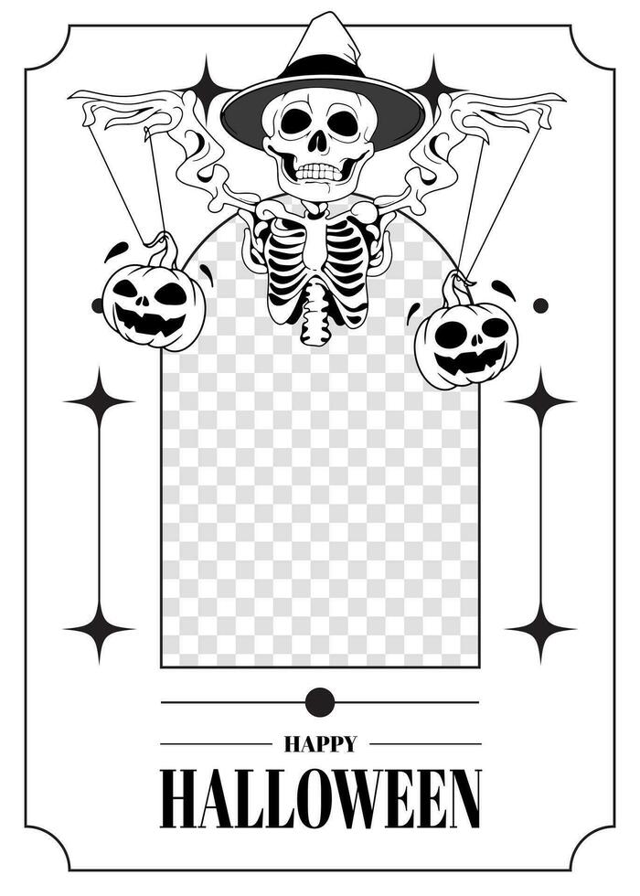 glücklich Halloween, Lasst uns Party. gespenstisch Schädel im cool Hut, Kürbis, y2k Stil, isoliert auf Weiß Hintergrund, Foto Rahmen vektor