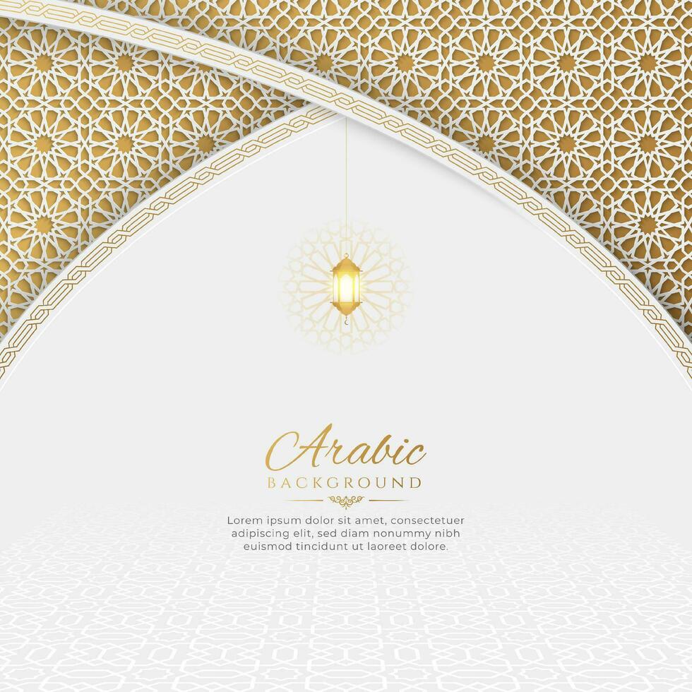 islamisch Arabisch Weiß und golden Luxus Hintergrund mit dekorativ islamisch Bogen und Laterne vektor