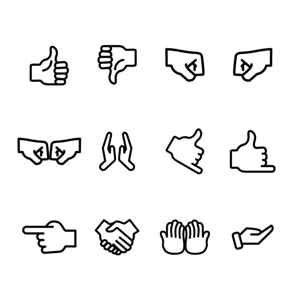 Hand Geste Linie Symbole Satz. Sammlung von Hand Gesten. Vektor Illustration