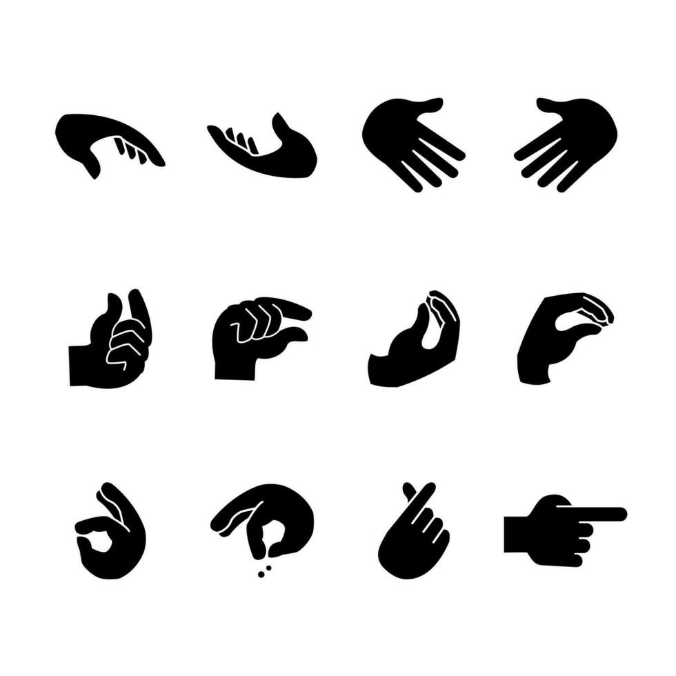 Hand Gesten Symbole einstellen Silhouette Stil auf Weiß Hintergrund. Vektor Illustration. eps 10.