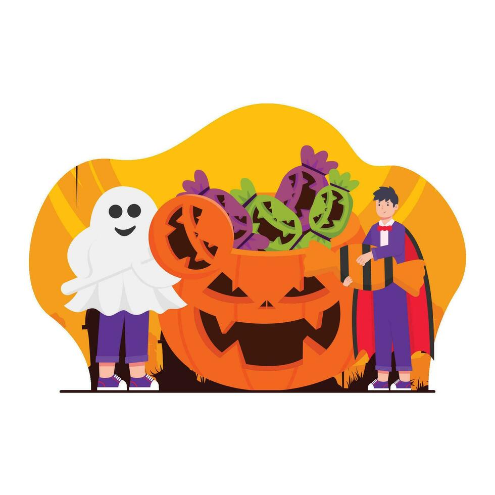 Halloween Vektor Illustration im eben Stil. Kinder im Kostüme mit Kürbis und Süßigkeiten.