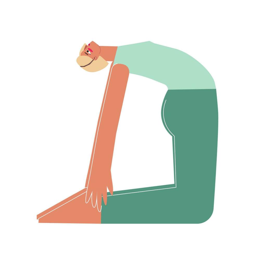 vektor isolerat begrepp med platt kvinna karaktär. stark kvinna lär hållning med ryggböjning - ustrasana på yoga klass. kondition övning - kamel utgör
