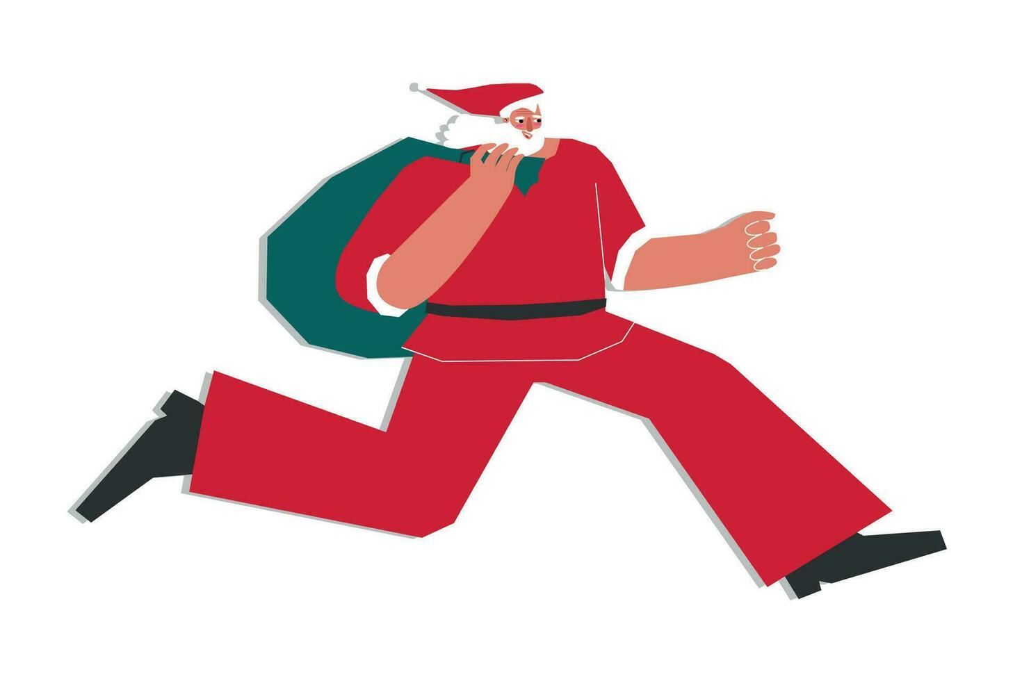 vektor isolerat illustration med platt karaktär av santa claus i röd kostym i jul tid. han kör och innehar väska med gåvor. begrepp för baner handla om försäljning och handla i sista ögonblick