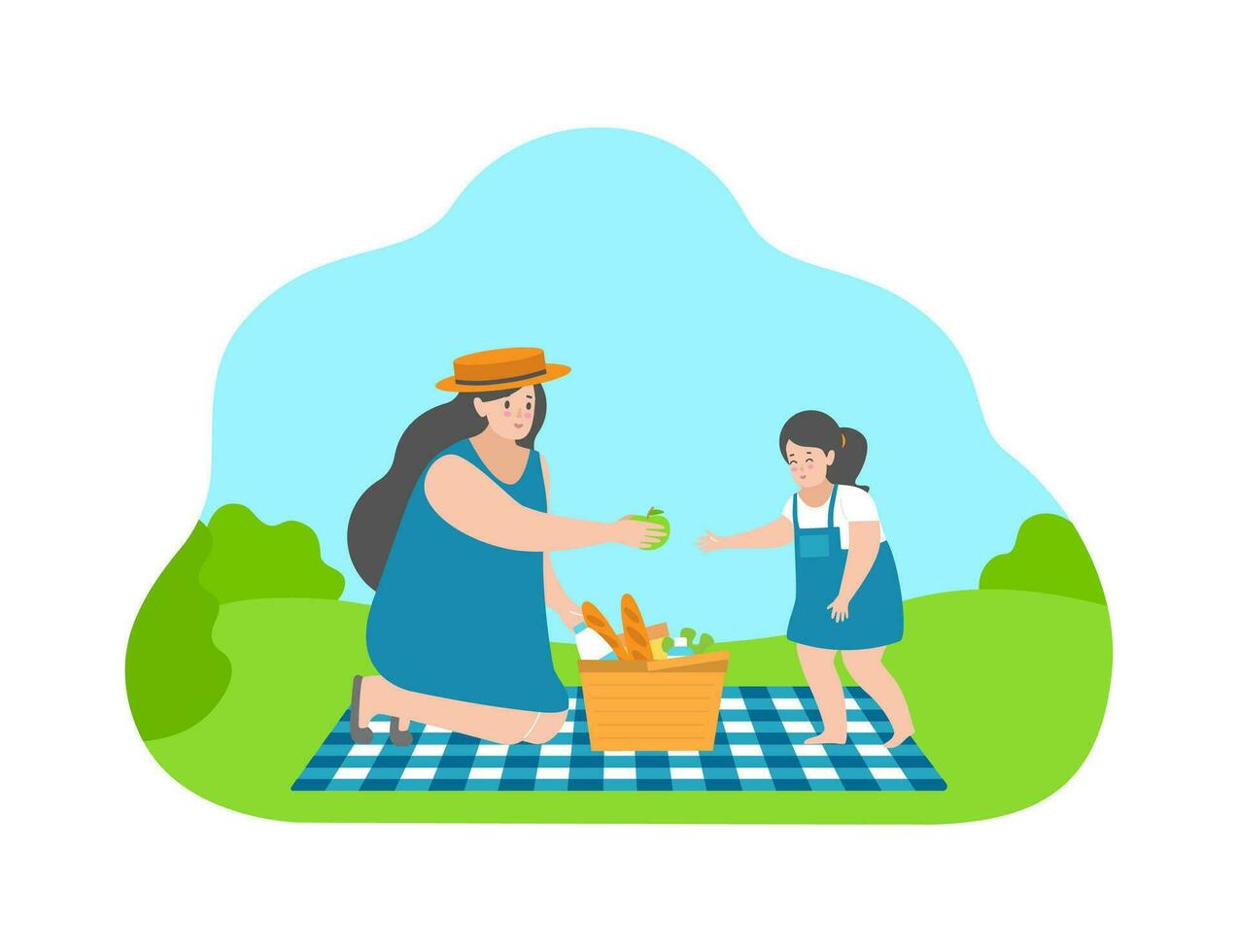 Vektor Illustration Konzept im eben Karikatur Stil. glücklich jung Erwachsene Mutter sitzt auf kariert Plaid und gibt süß Tochter Apfel von Picknick backet. Familie positiv Sommer- Ferien draußen.