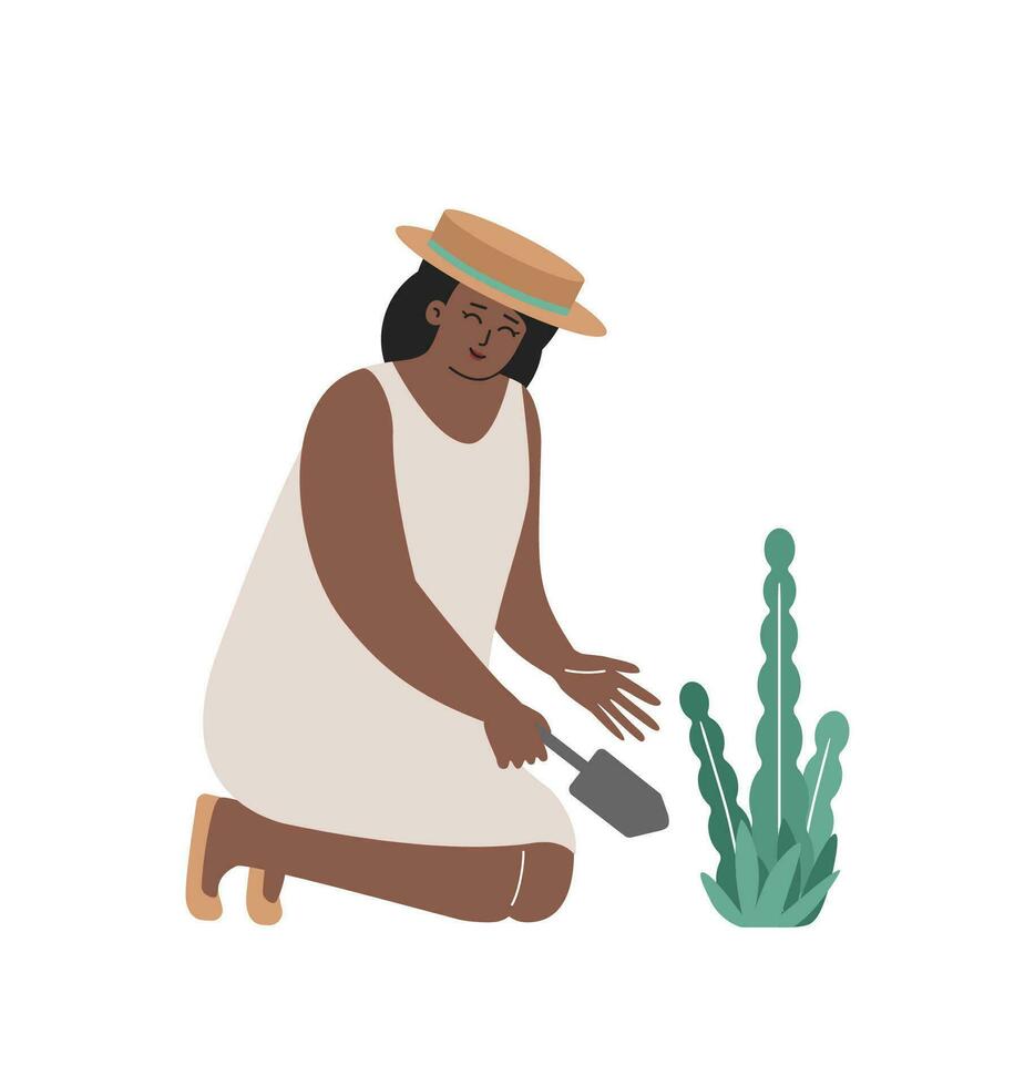 Vektor isoliert eben Illustration. afrikanisch amerikanisch Frau ist im Beige Stroh Hut und Kleid. jung Erwachsene weiblich lächelt und Pflanzen Blumen durch Spatel im Garten. glücklich Wochenende von Gärtner im Natur