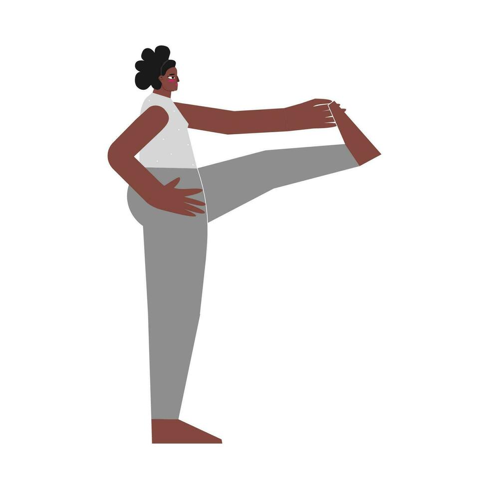 Vektor Illustration mit eben weiblich Charakter. sportlich jung Frau lernt Dehnen Haltung und tut verlängert Hand zu groß Zehe Pose beim Yoga Klasse. balancieren Übung - - utthita hasta Padangustas