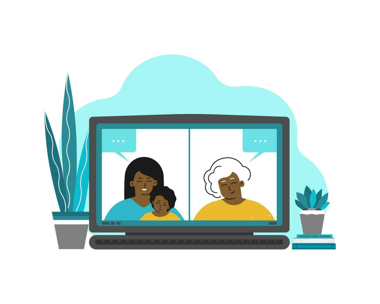 vektor isolerat platt illustration med bärbar dator skärmdump. senior afrikansk amerikan mormor och henne dotter med bebis är talande uppkopplad förbi video chatt. avlägsen kommunikation förbi webb kamera