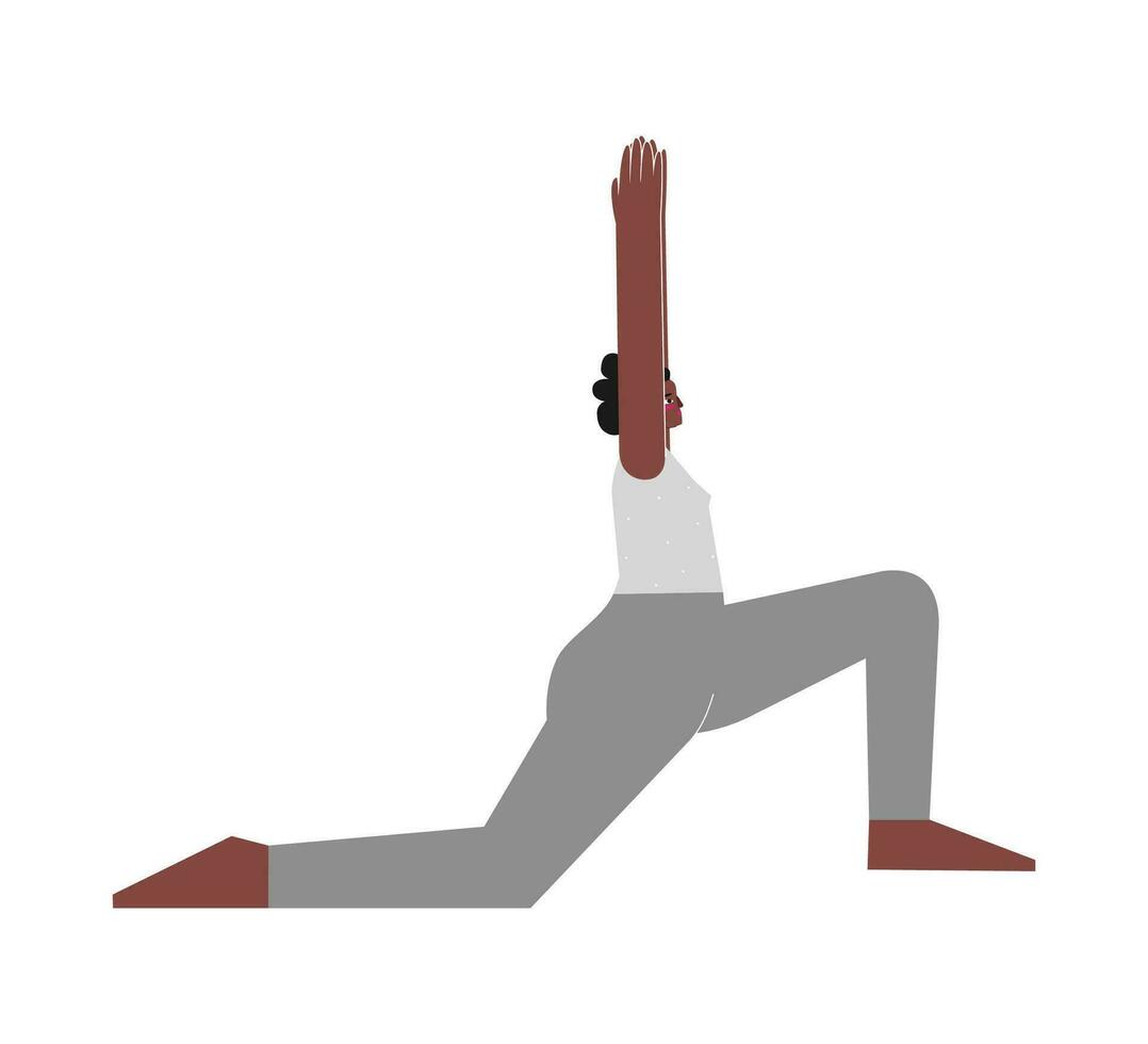 Vektor isoliert Illustration mit eben weiblich afrikanisch amerikanisch Charakter. sportlich Frau lernt stärkend Haltung beim Yoga Klasse. Fitness Übung - - Halbmond Pose niedrig Ausfallschritt