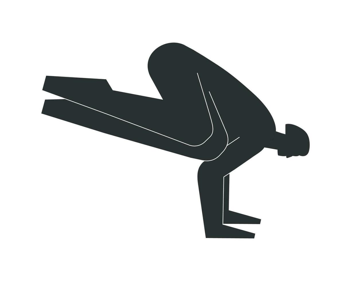 Vektor isoliert Illustration mit eben schwarz silhoutte von weiblich Charakter. sportlich Frau lernt Haltung Parsva Bakasana beim Yoga Klasse. Fitness Übung - - Seite Krähe Kran Pose