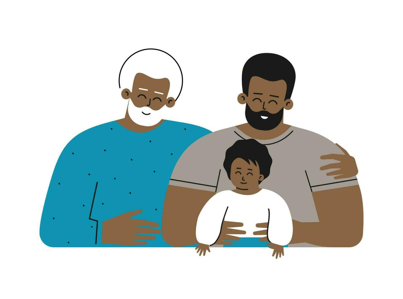Vektor isoliert Konzept zum Vaters Tag mit eben Karikatur Figuren. multi generationsübergreifend afrikanisch amerikanisch Familie. Papa ist glücklich jung Erwachsene Mann umarmen seine süß wenig Baby, Senior Großvater lächelt