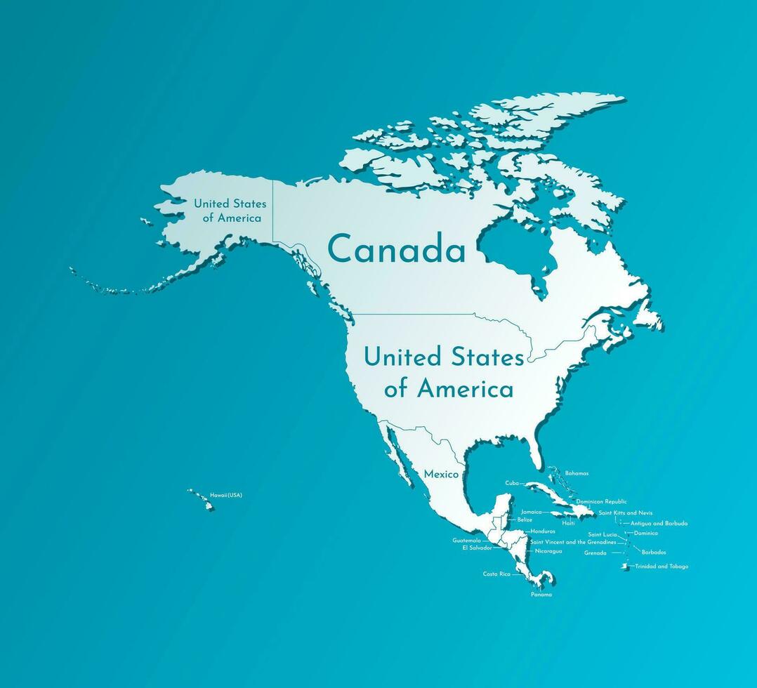 vektor illustration med Karta av norr och söder Amerika kontinent med länder gränser. blå silhuetter. namn av de länder