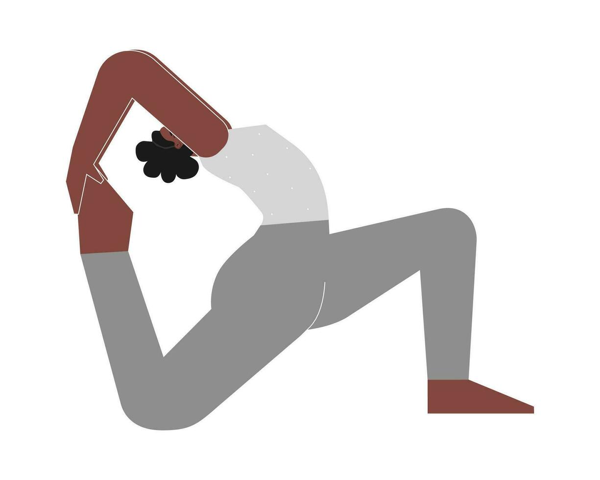 vektor illustration med kvinna afrikansk amerikan karaktär. sportigt kvinna lär hållning - eka pada rajakapotasana 2 på yoga klass. kondition övning - ett legged kung duva utgör ii