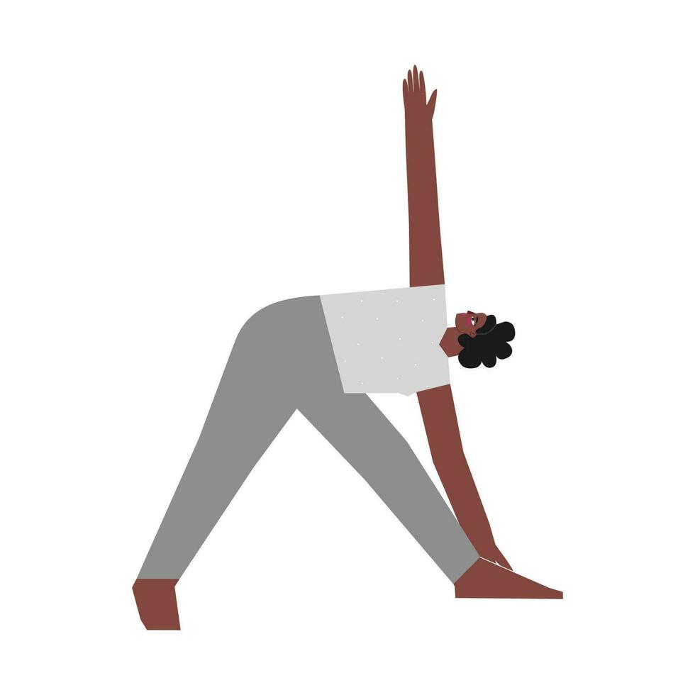 vektor isolerat illustration med platt kvinna karaktär. sportigt afrikansk amerikan kvinna lär förstärkning hållning utthita trikonasana på yoga klass. kondition övning - utökad triangel utgör
