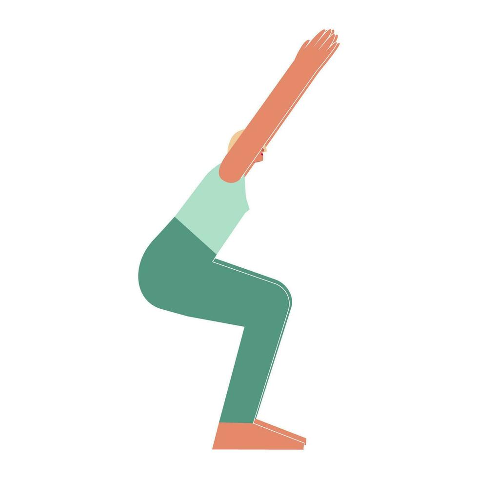 Vektor isoliert Illustration mit eben weiblich Charakter. sportlich Frau lernt Stärkung Haltung utkatasana beim Yoga Klasse. Fitness Übung - - Stuhl Pose