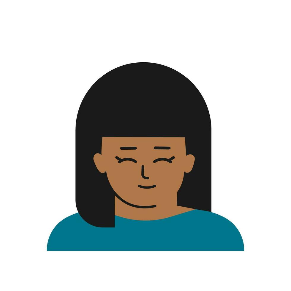 vektor platt isolerat illustration med porträtt av tecknad serie karaktär. avatar av asiatisk liten flicka. hon har brunett hår och smäll, lite mörk hud. söt koreanska flicka är leende. vit bakgrund