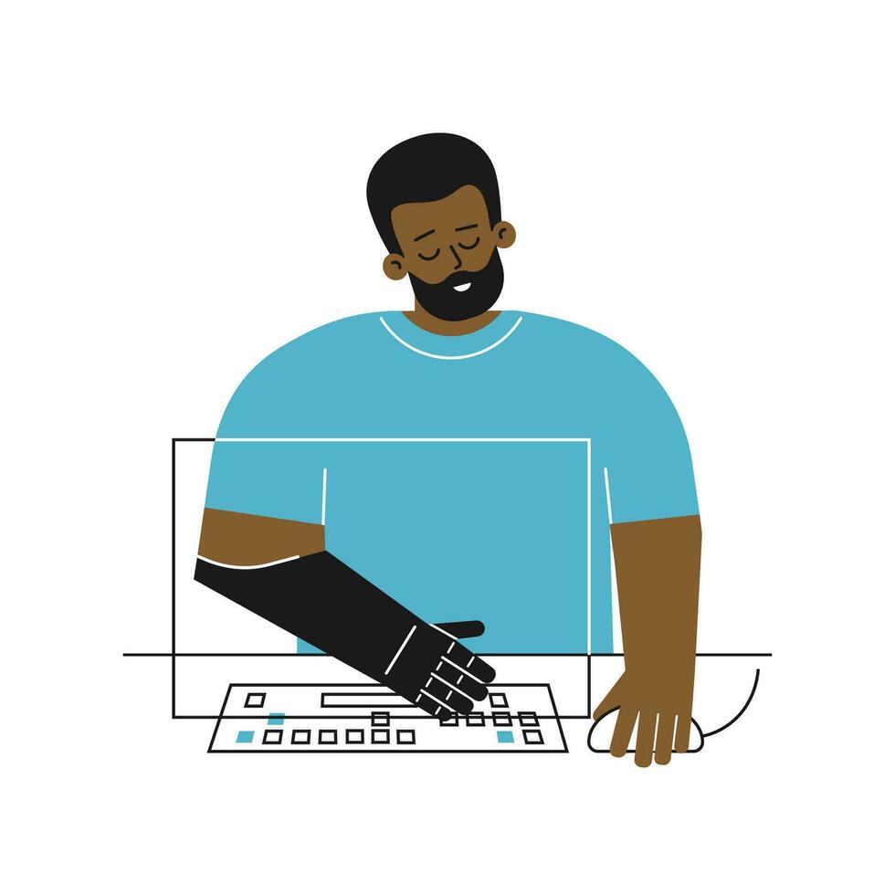 vektor isolerat platt begrepp med Inaktiverad person. tecknad serie afrikansk amerikan kille har artificiell lem ärm. man typer på dator tangentbord använder sig av protes- hand. adaptiv teknologi för vanliga liv
