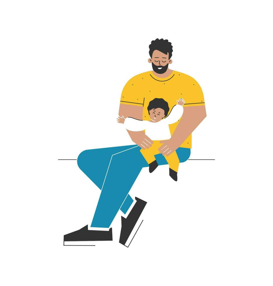 Vektor isoliert eben Illustration. Karikatur Latein Mann sitzt, halten glücklich Baby auf seine Schoß. Papa und seine süß Kind sind lächelnd. jung Erwachsene Elternteil Liebe zu spielen, verbringen Zeit mit Kleinkind. Vaters Tag