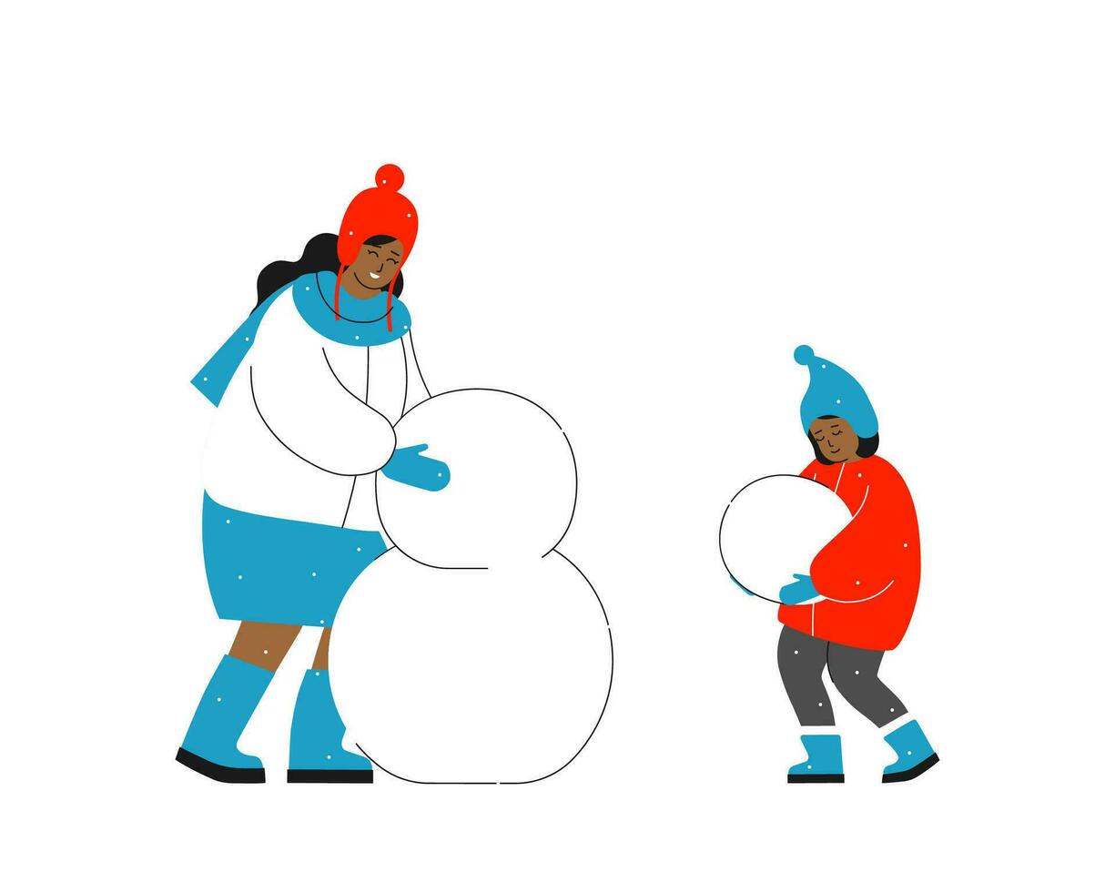 vektor isolerat platt illustration. Lycklig afrikansk amerikan mor skulpterar snögubbe och bebis flicka hjälp henne bärande boll i händer. vinter- Semester innan jul, utomhus- aktivitet med familj tillsammans