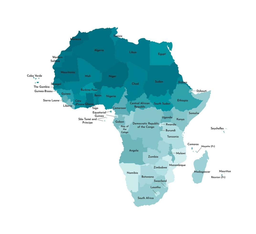Vektor isoliert Illustration mit afrikanisch Kontinent mit Grenzen und Namen von alle Zustände. politisch Karte. Weiß Hintergrund und Umriss, Blau Formen