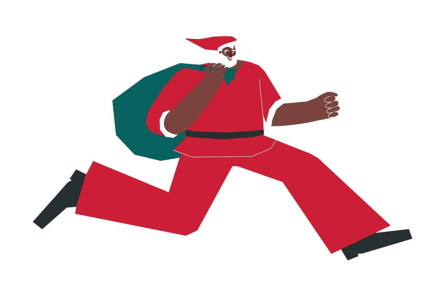 vektor isolerat illustration med platt karaktär av afrikansk amerikan santa claus i röd kostym i jul tid. han springer, innehar väska med gåvor. begrepp för baner handla om försäljning, handla i sista ögonblick