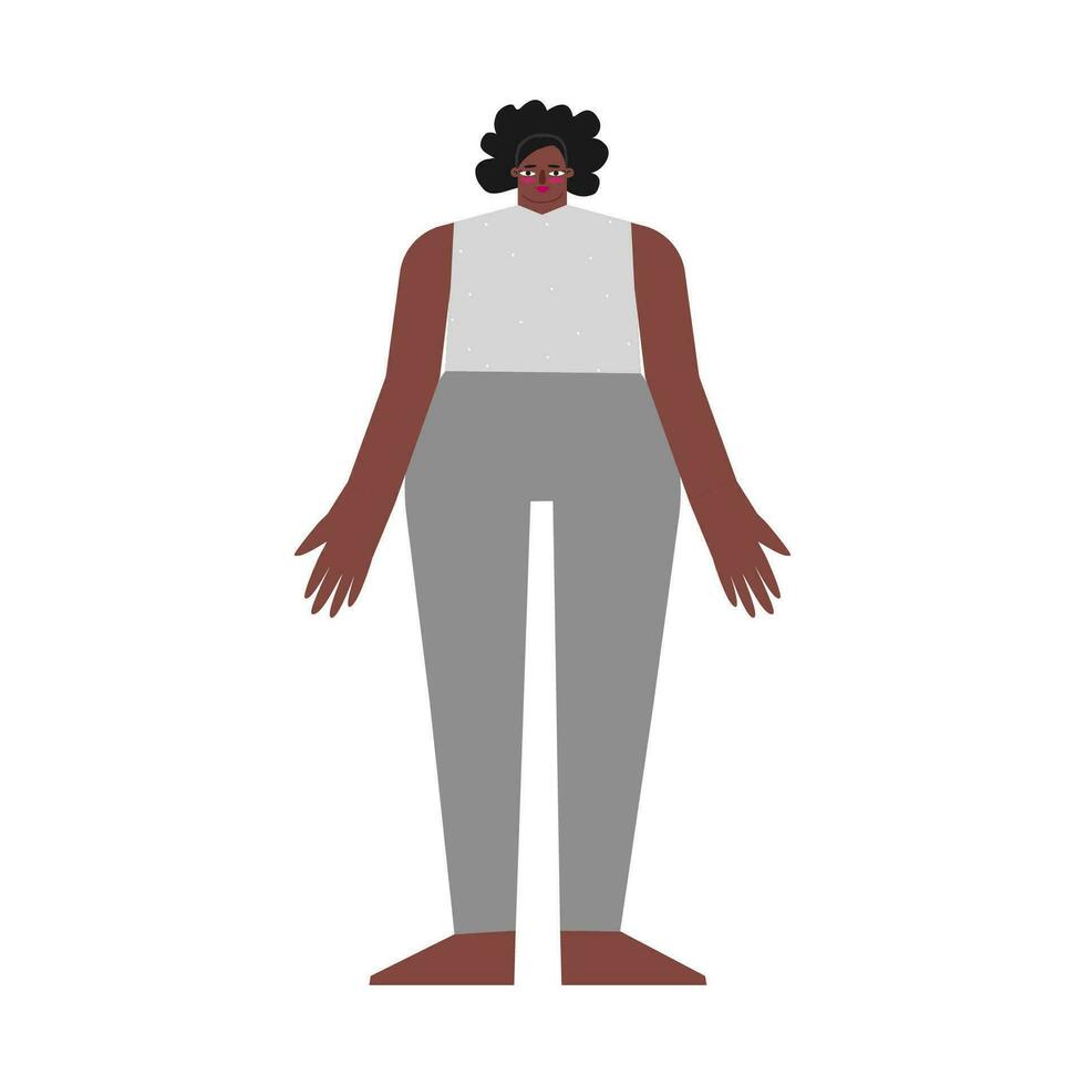 Vektor isoliert Konzept mit eben weiblich Charakter. afrikanisch amerikanisch Frau lernt entspannend Haltung und tut Berg Pose beim Yoga Klasse. Basic Übung zum Anfänger. Symbol von sportlich Person