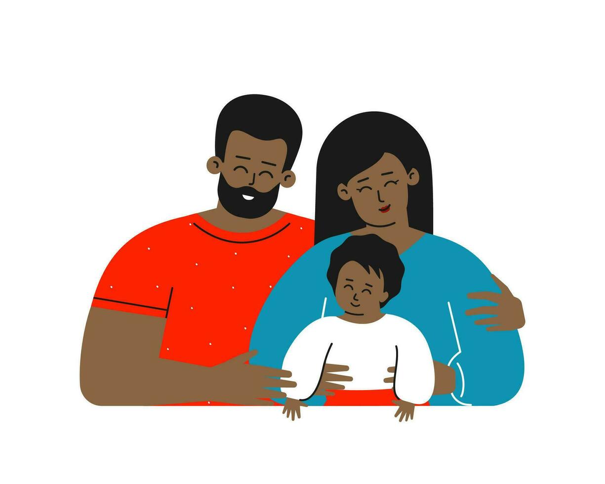 Vektor eben isoliert Illustration mit Karikatur Figuren. afrikanisch amerikanisch Familie mit jung Erwachsene Eltern sind lächelnd. glücklich Mama kuschelt ihr wenig Kind, gut aussehend Vater Umarmungen ihnen. Weiß Hintergrund