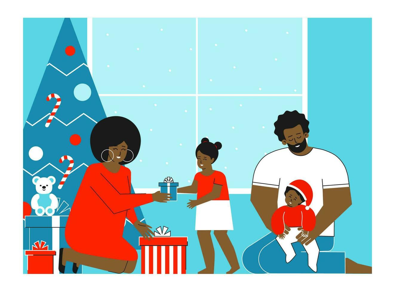 Vektor isoliert eben Konzept. Winter glücklich Ferien von afrikanisch amerikanisch Familie. Zuhause ist dekoriert mit Geschenk Kisten, Weihnachten Baum. Mutter ist geben Geschenke zu süß Tochter. Vater sitzt mit Kleinkind