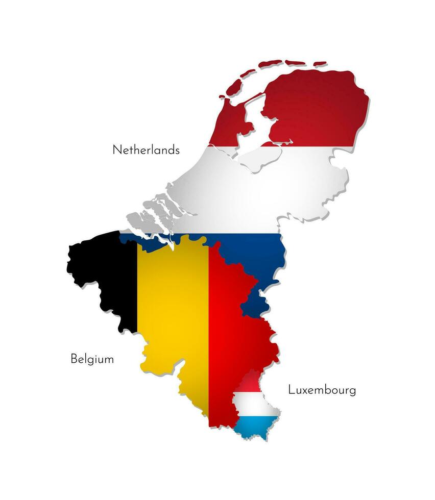 Vektor Illustration mit isoliert Silhouetten von Benelux Union auf Karte vereinfacht Form. National Flaggen von Belgien, Niederlande, Luxemburg. Weiß Hintergrund und Namen von Länder