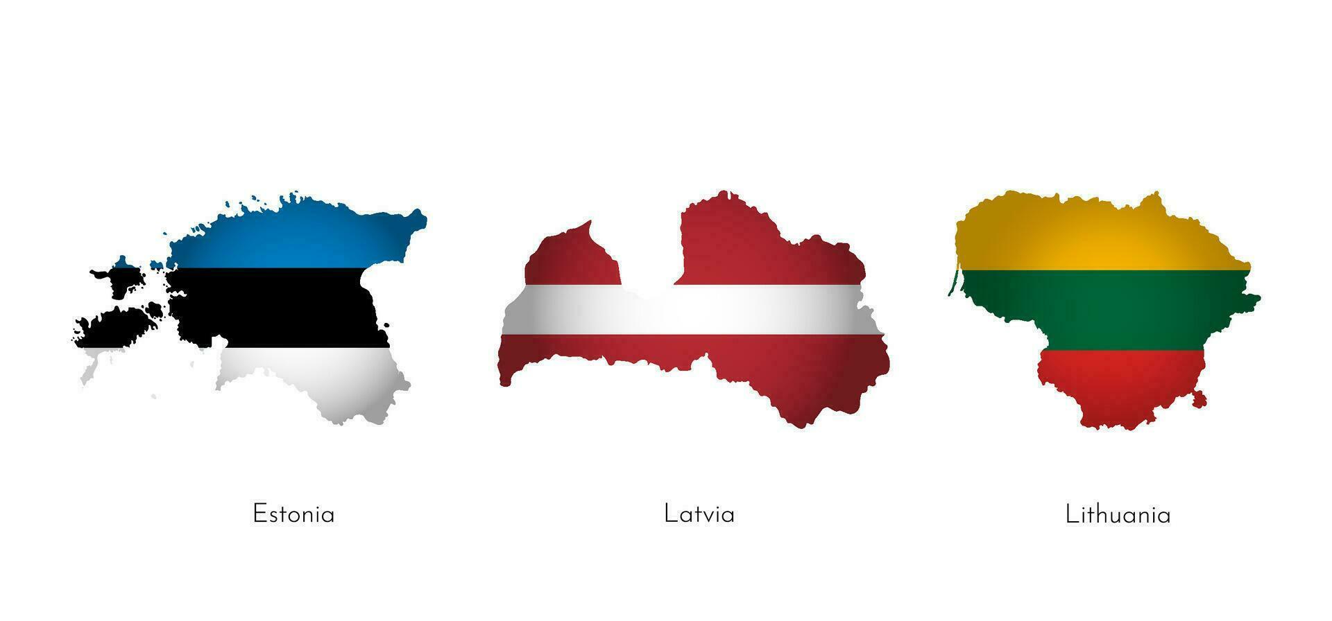 Vektor Illustration einstellen mit isoliert Silhouetten von baltisch Zustände Karten vereinfacht Formen. National Flaggen von Litauen, Lettland, Estland. Weiß Hintergrund