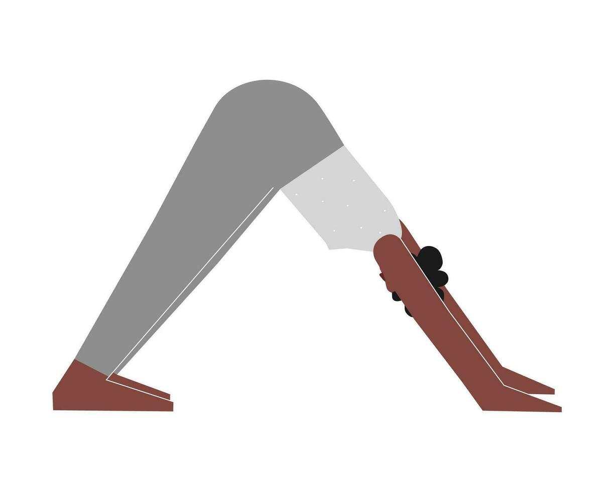 Vektor isoliert Illustration mit eben Körper positiv Charakter. sportlich afrikanisch amerikanisch Frau lernt Haltung adho Mukha svanasana beim Yoga Klasse. Fitness Übung - - nach unten gegenüber Hund