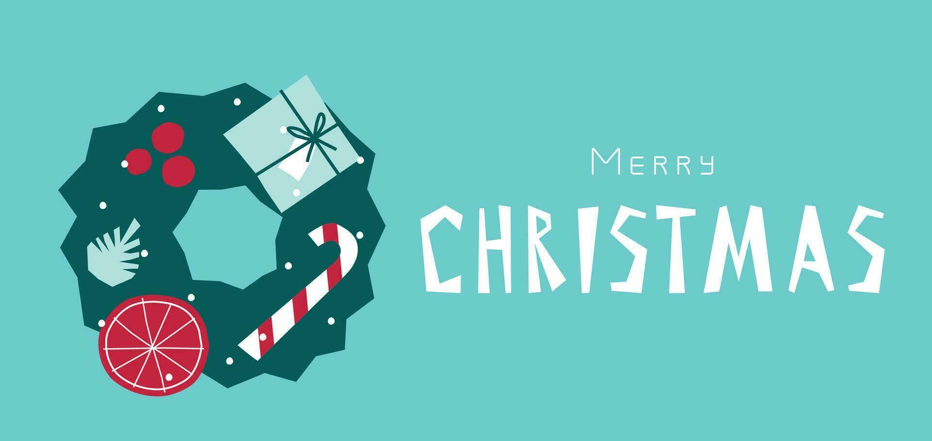 vektor platt illustration. horisontell baner med jul krans dekorerad förbi godis sockerrör, gåva låda, orange, kon. förenklad minimalistisk form, scandinavian stil. hand dragen text - glad jul