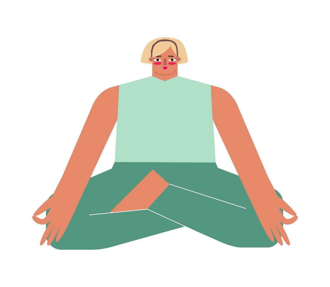 vektor isolerat illustration med platt kvinna karaktär. stark vuxen blond kvinna lär stretching hållning och gör skicklig utgör på yoga klass. kärna övning för nybörjare - siddhasana