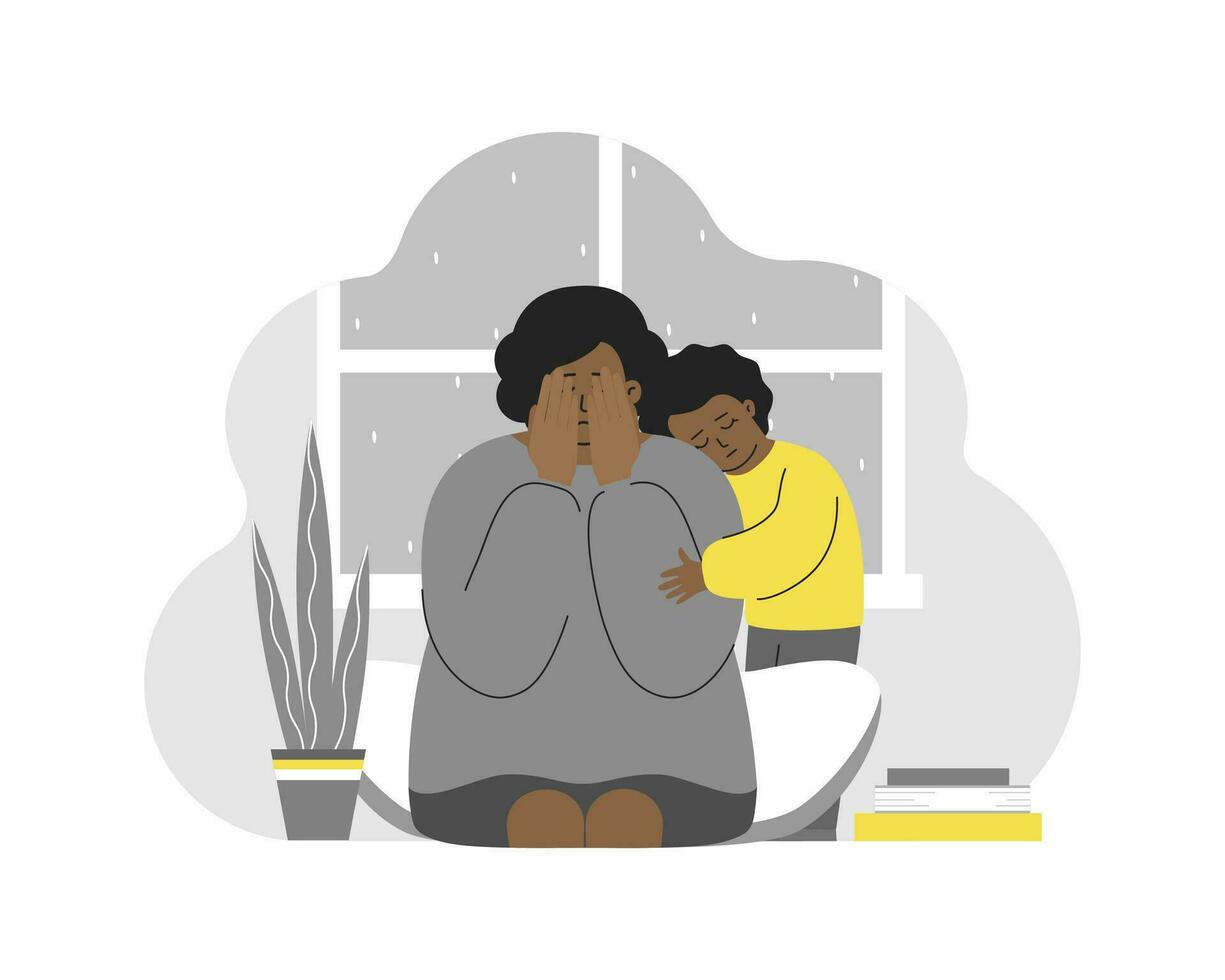 vektor illustration med trött gråt kvinna. afrikansk amerikan flicka kramar mamma. postpartum depression, emotionell utbrändhet, påfrestning. dotter känner för mor. problem av moderskap till spara mental hälsa.