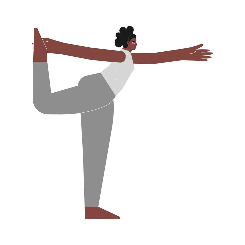 vektor illustration med platt kvinna ung karaktär. sportigt blond kvinna lär stretching hållning och gör herre av de dansa utgör på yoga klass. balansering övning för nybörjare - natarajasana