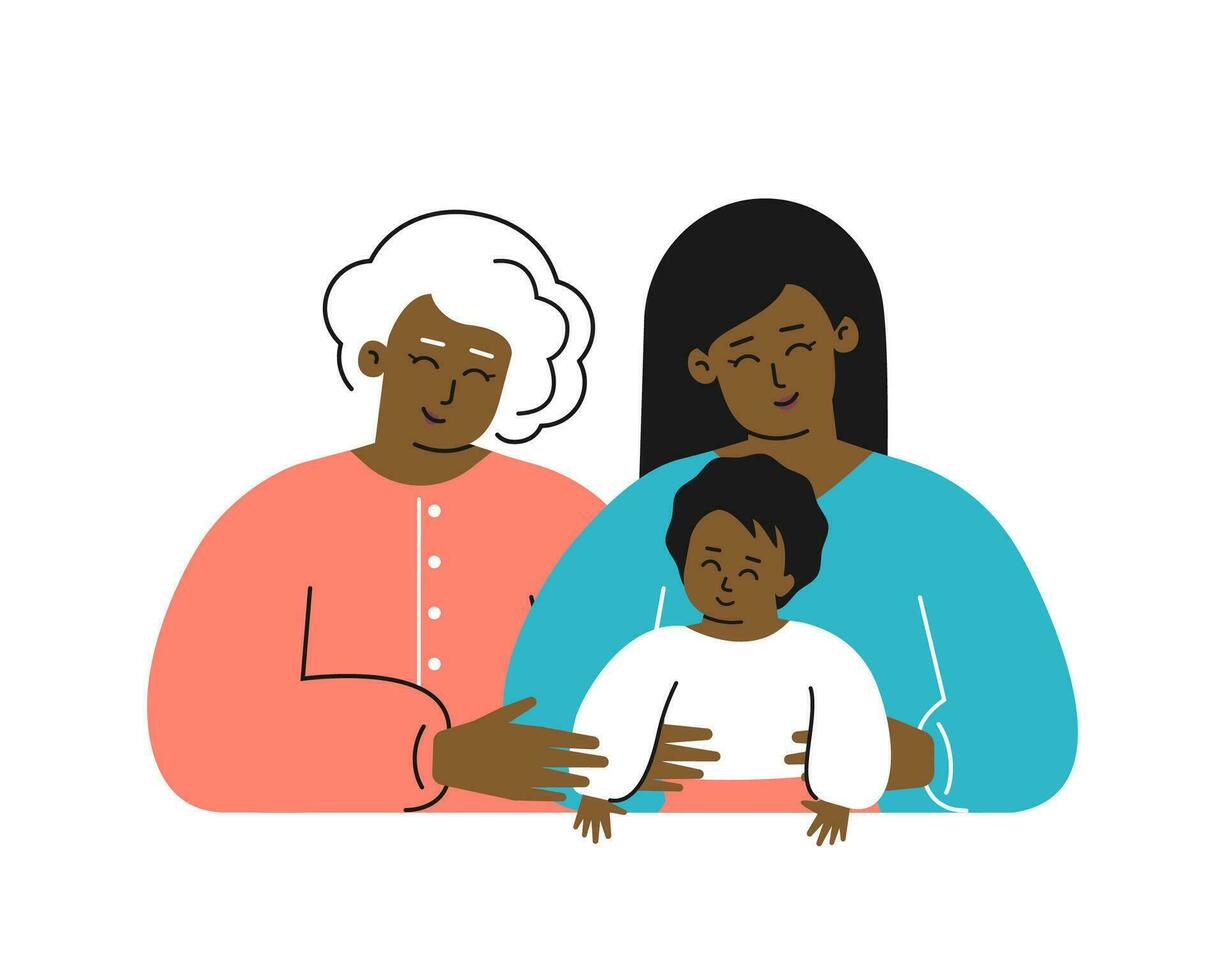 Vektor isoliert eben Illustration zum Mutter Tag. Porträt von afrikanisch amerikanisch Familie. glücklich Mutter Umarmungen ihr süß wenig Kind, alt Oma lächelt und kuschelt ihr Tochter - - jung Erwachsene Frau