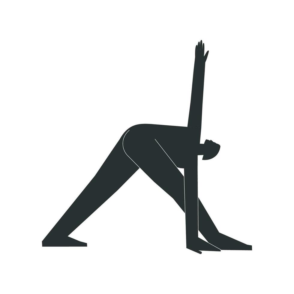 vektor isolerat illustration med platt svart silhuett av kvinna karaktär. sportigt kvinna lär yoga hållning parivrtta trikonasana. kondition övning - kretsade triangel utgör. minimalistisk design