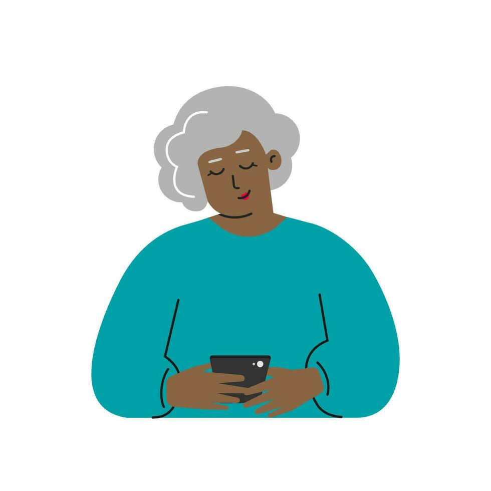 Vektor isoliert eben Konzept. Karikatur afrikanisch amerikanisch Senior Frau schreibt ein Botschaft auf das Telefon. süß Alten Oma Verwendet modern Spielereien. sie Suche Partner zum Romantik durch Handy, Mobiltelefon Anwendungen. online Dating