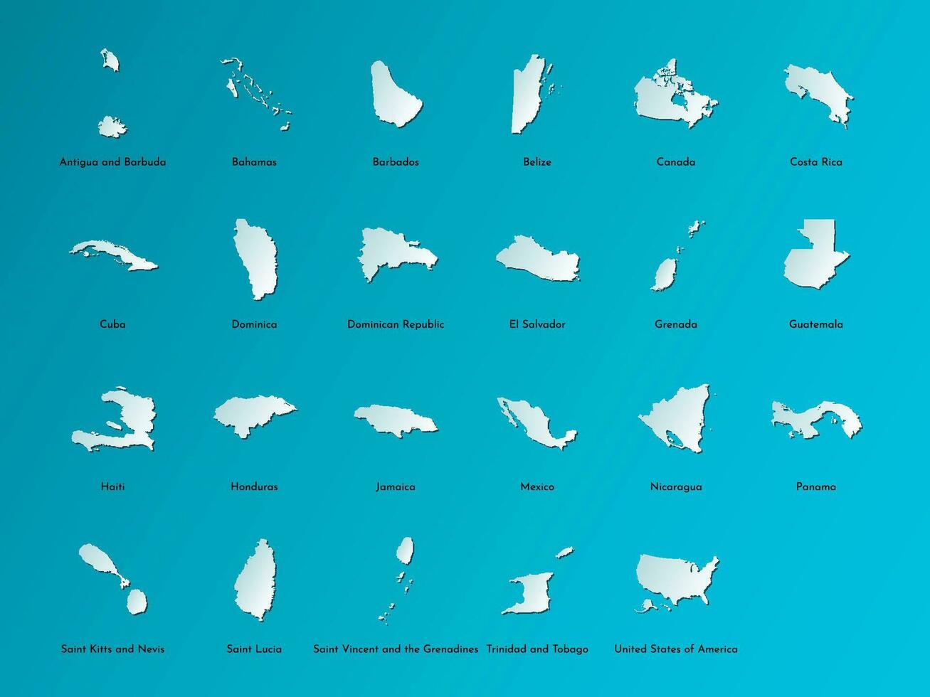 vektor illustration uppsättning med förenklad Kartor av Allt norr Amerika stater, länder usa, Mexiko, Bahamas, Kanada, costa rica, kuba och andra. blå silhuetter