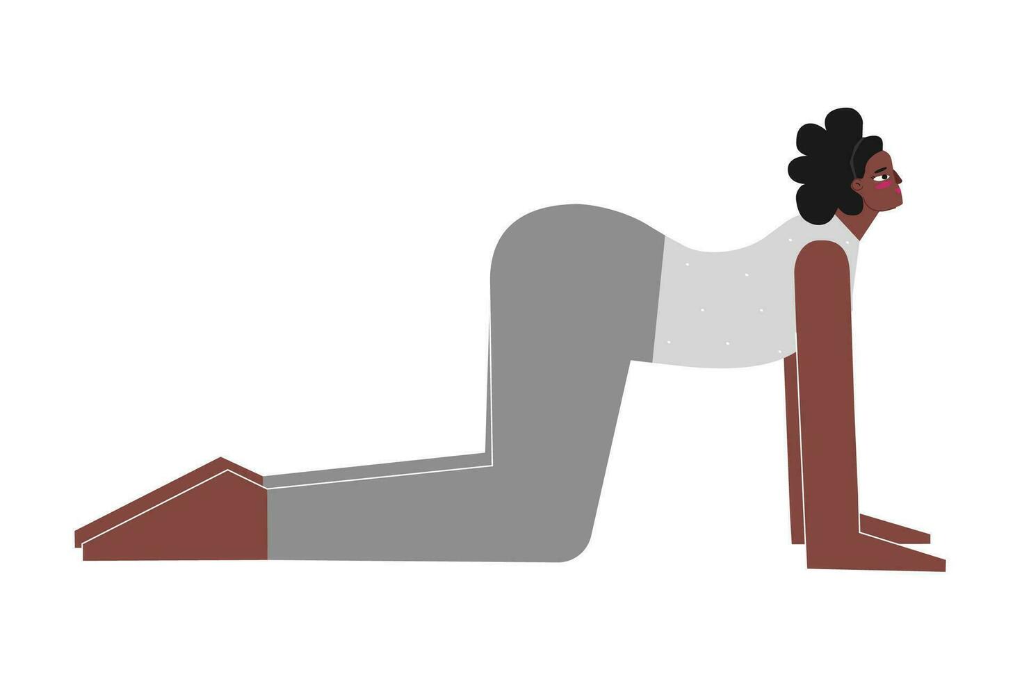 vektor isolerat begrepp med platt kvinna karaktär. stark afrikansk amerikan kvinna lär hållning med ryggböjning bitilasana på yoga klass. kondition övning - ko utgör