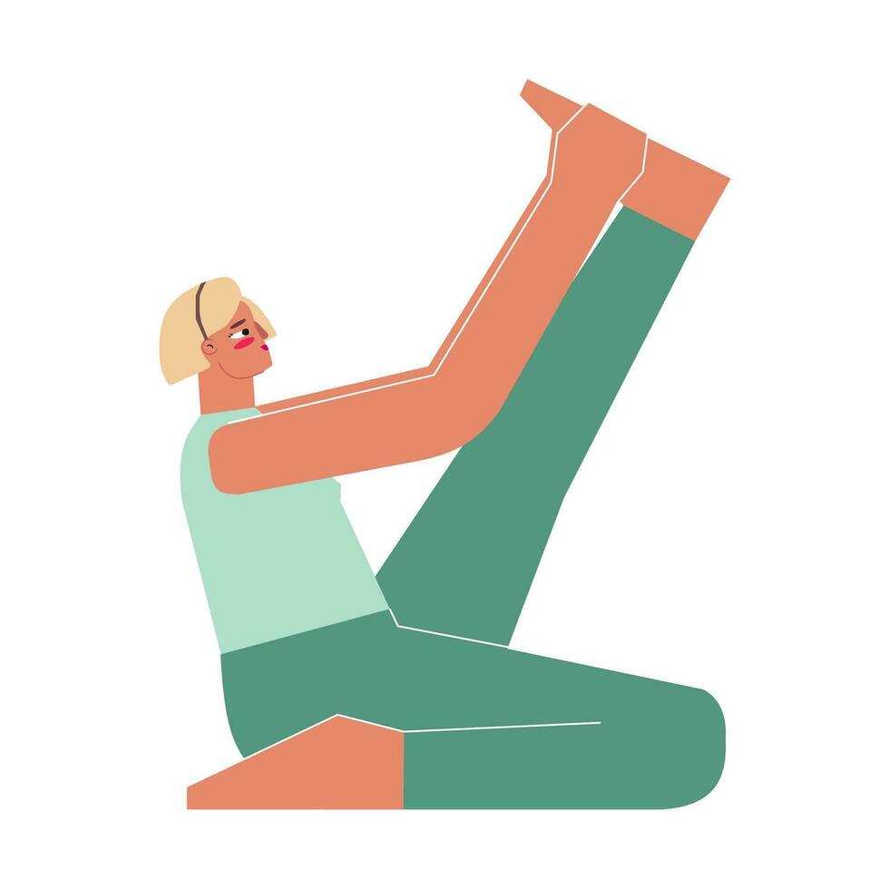 vektor isolerat begrepp med platt kvinna karaktär. stark kvinna lär sittande hållning krounchasana på yoga klass. kondition övning - häger utgör