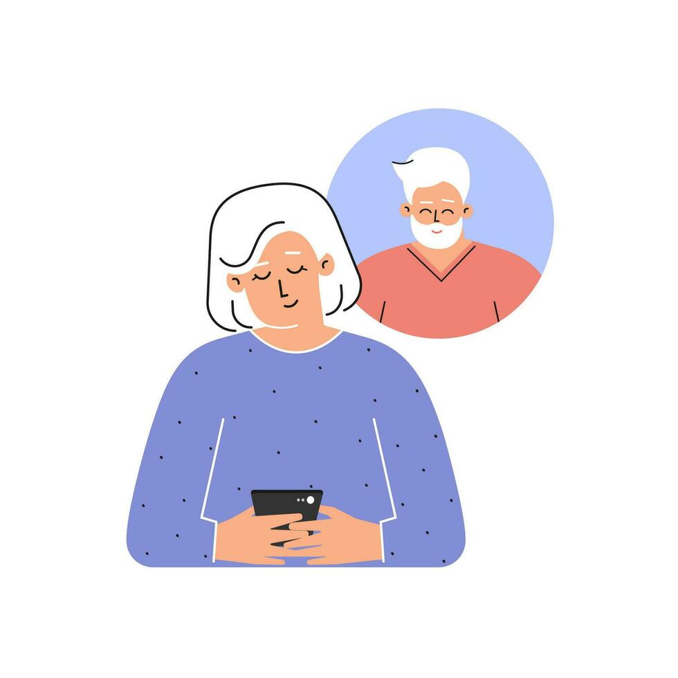 Vektor isoliert Konzept. eben Karikatur Stil. glücklich Alten kaukasisch Frau ist SMS auf Telefon mit ihr Ehemann. Handy, Mobiltelefon App zum online Dating und Plaudern. Gadgets zum Kommunikation von Senior Menschen