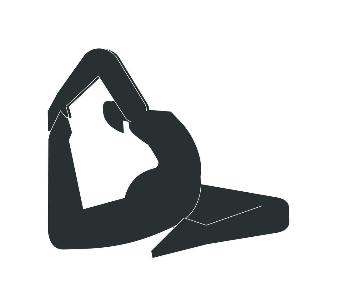 vektor illustration med platt svart silhuett av kvinna karaktär. sportigt kvinna lär yoga hållning eka pada rajakapotasana 1. kondition övning - ett legged kung duva utgör i. minimalistisk design